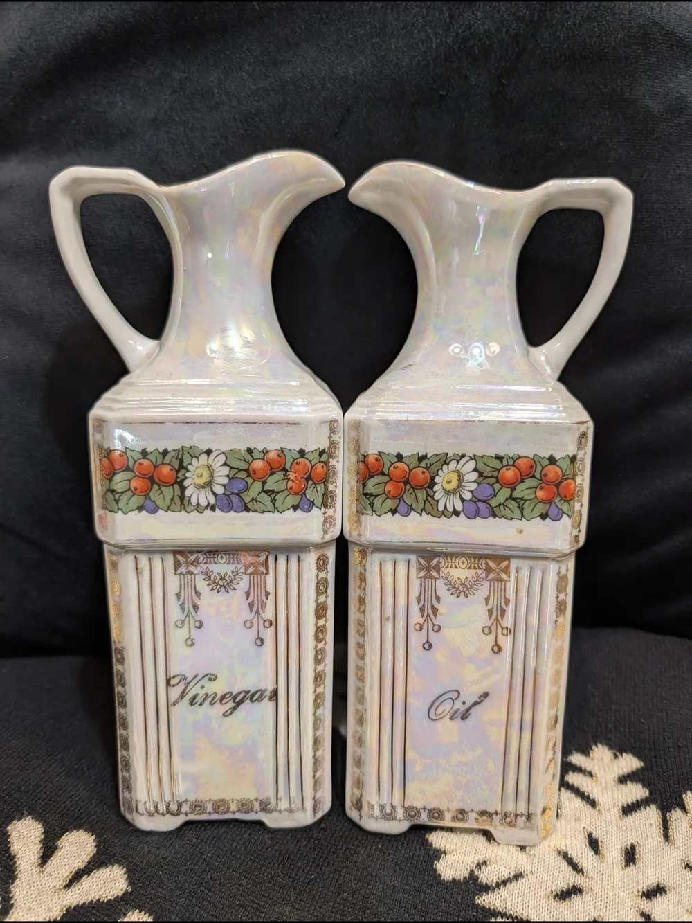 Iridescent White Ceramic Oil and Vinegar Antique German Porcelain Set